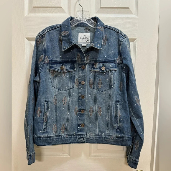 Sam Edelman Billie Oversized Trucker Jacket Med Rhinestone Embroidery Concert - Picture 1 of 11